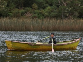 Lucas Cespedes, 13, rows his boat close to his house on the shores of the river Futa, on the outskirts of Valdivia, Chile February 9, 2023. REUTERS/Cristobal Saavedra Escobar