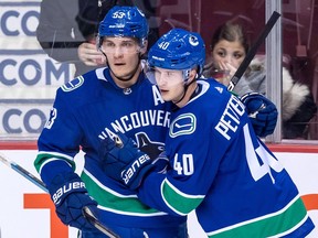 Vancouver Canucks' Bo Horvat, left, and Elias Pettersson celebrate Horvat's goal against the Los Angeles Kings during the first period of a pre-season NHL hockey game in Vancouver, B.C., on Thursday September 20, 2018.