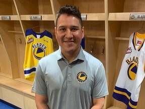 Saskatoon Blades assistant coach Wacey Rabbit in the WHL team’s locker room last year. ‘Gino Odjick was my hero growing up,’ says the former Memorial Cup winner with the Vancouver Giants.