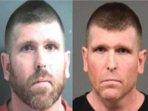 Lower Mainland gangster Jason Himpfen, pictured in 2017 (left) and in 2019 (right).