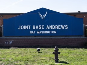 The sign for Joint Base Andrews is seen, Friday, March 26, 2021, at Andrews Air Force Base, Md.