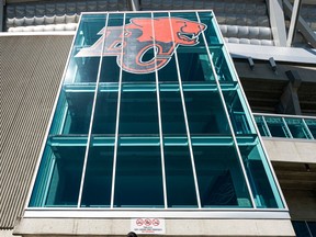 BC Place Stadium with the BC Lions logo on it in Vancouver, BC, August, 17, 2020.