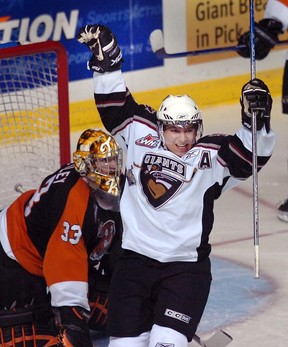 Vancouver Giants forward Wacey Rabbit celebrates a teammate’s goal in front of Medicine Hat Tigers goalie Matt Keetley during the 2006-07 Western Hockey League final series at the Pacific Coliseum in Vancouver.
