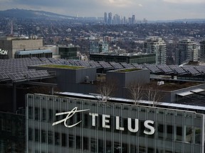 Telus Corporation headquarters is seen in downtown Vancouver, on Thursday, January 19, 2023. Telus Corp. reported its fourth-quarter profit fell compared with a year ago as its revenue climbed higher.