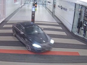 Investigators are searching for a 2011 Black Audi A4 with Quebec licence plate X10 SNP after a car smashed its way into Vaughan Mills mall during a robbery on Wednesday, Feb. 1, 2023.