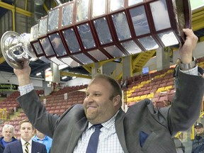 David Michaud celebrates the 2017 Fred Page Cup championship with the Penticton Vees.