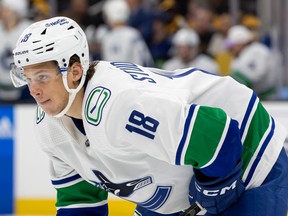 Jack Studnicka of the Vancouver Canucks skates against the Boston Bruins during the first period at TD Garden on November 13, 2022 in Boston.