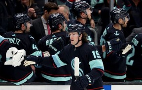 Jared McCann of the Seattle Kraken celebrates his goal against the Anaheim Ducks during the first period at Climate Pledge Arena on March 7, 2023 in Seattle.