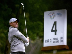 Rory McIlroy of Northern Ireland hits a tee shot during a practice round ahead of the World Golf Championships-Dell Technologies Match Play at Austin Country Club on March 21, 2023 in Austin, Texas.