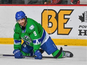 Abbotsford Canucks forward Arshdeep Bains gets ready ahead of a game against the Colorado Eagles at the Abbotsford Centre on Sunday, March 12 2023.