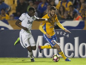 How long has it been since the Vancouver Whitecaps played a Concacaf game? Since Alphonso Davies was a member of the team and had short hair, here taking on Andre Pierre Gignac of Mexico's Tigres during their Champions League first leg, semifinal match at the Universitario stadium in Monterrey, Mexico, on March 14, 2017.