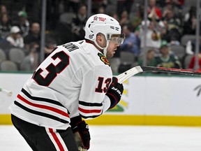 Chicago Blackhawks center Max Domi (13) skates off the ice after scoring the game winning goal against the Dallas Stars during the third period at the American Airlines Center Feb 22, 2023.