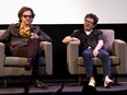 Davis Guggenheim, left, and Michael J. Fox, speak at the Q+A for STILL: A Michael J. Fox Movie at the 2023 SXSW Conference and Festivals at The Paramount Theater on March 14, 2023 in Austin, Texas.