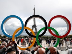 Olympic rings to celebrate the IOC official announcement that Paris won the 2024 Olympic bid are seen in front of the Eiffel Tower at the Trocadero square in Paris, France, September 16, 2017.