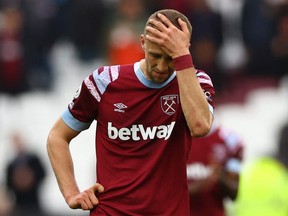 West Ham United's Tomas Soucek reacts after the match.