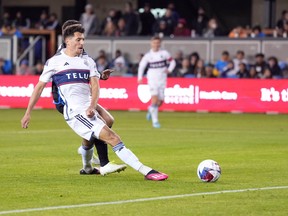 Vancouver Whitecaps midfielder Alessandro Schopf scores against the San Jose Earthquakes during his team's road game earlier this month at PayPal Park. It's the only goal the team has scored from open play in 2023 league play.