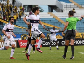 Vancouver Whitecap Simon Becher celebrates after scoring against Real CD Espana during the second leg of their CONCACAF Champions League two-match series at the Olimpico Metropolitano stadium in San Pedro Sula, Honduras, on March 15, 2023.