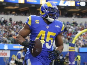 Los Angeles Rams linebacker Bobby Wagner celebrates after an interception during the first half of an NFL football game between the Los Angeles Rams and the Denver Broncos on Sunday, Dec. 25, 2022, in Inglewood, Calif.