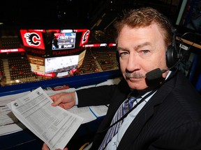 John Garrett, a former NHL goalie and colour commentator for Sportsnet Pacific, poses for a photo in the press box before the Calgary Flames played the Vancouver Canucks in 2016.