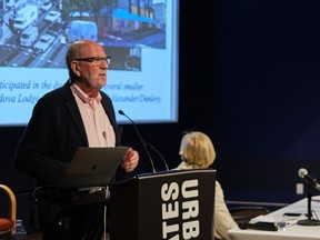 Michael Geller speaking about the Downtown Eastside Plan at an event hosted by the Urbanarium on March 28, 2023 at Robson Square.