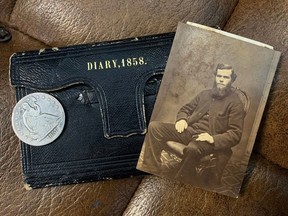 A trio of artifacts from the 1858 Fraser River Gold Rush, including one of four known diaries of the gold rush, a photograph of the miner who wrote it and an American 50-cent piece dated 1858.