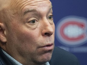 Montreal Canadiens general manager Kent Hughes speaks during a news conference in Brossard, Que., Wednesday, Jan. 18, 2023. The Montreal Canadiens acquired defenceman Frédéric Allard from the Los Angeles Kings on Friday.