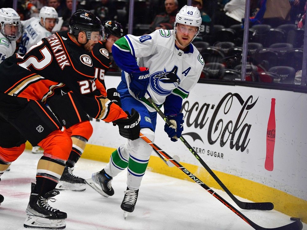 Vancouver Canucks centre Elias Pettersson (40) moves the puck against /during the first period at Honda Center.