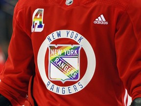 The Pride jersey worn during warmups in 2021 by Rangers' Artemi Panarin, who is Russian. This year, the Chicago Blackhawks chose not to wear Pride jerseys, citing Russian laws as an excuse.