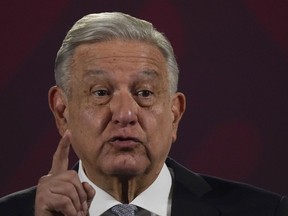 Mexican President Andres Manuel Lopez Obrador gives his regularly scheduled morning press conference at the National Palace in Mexico City, Feb. 28, 2023.