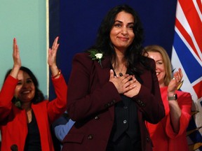 B.C. Attorney General Niki Sharma looks on during the swearing-in ceremony at Government House in Victoria, B.C., Wednesday, Dec. 7, 2022. Sharma says she will lobby the federal government to amend Canada's financial crime law after a multi-year money laundering investigation by police failed to produce any charges.