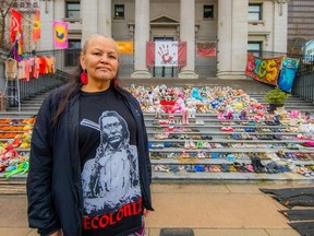 Desiree Simeon at the residential school memorial on the steps of the Vancouver Art Gallery on March 23. She's part of a group that leads a 24/7 vigil at the site.
