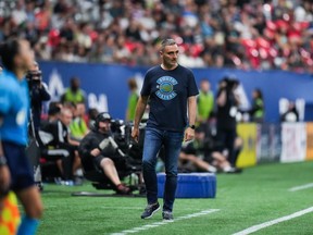 Vancouver Whitecaps head coach Vanni Sartini stands on the sidelines during second half MLS soccer action against Nashville FC in Vancouver on Saturday, August 27, 2022. Vanni Sartini believes his Vancouver Whitecaps have a "moral imperative" to come out strong in their first Canadian clash of the season on Saturday.