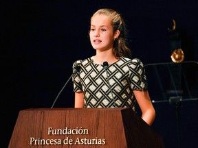 Spain's Princess Leonor speaks during the ceremony of the 2021 Princess of Asturias Award for Communication and Humanities at Campoamor Theatre in Oviedo, Spain October 22, 2021. REUTERS/Vincent West