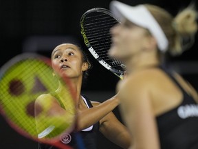 Canada's Gabriela Dabrowski, right, and playing partner Canada's Leylah Fernandez wait to play a return as they play a doubles match on the 4th day of the Billie Jean King Cup tennis finals in Glasgow, Scotland Friday, Nov. 11, 2022.&ampnbsp;Tennis Canada announced earlier this week that Bianca Andreescu, Leylah Fernandez, Rebecca Marino and doubles ace Gabriela Dabrowski will represent the Maple Leaf in the Gainbridge qualifiers at Vancouver's Pacific Coliseum on April 14 and 15.