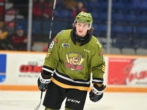 North Bay Battalion forward Josh Bloom plays in an OHL game earlier this season. The Canucks traded for the 19-year-old prospect on Feb. 27, 2023.