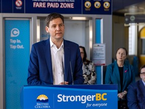 Premier David Eby announces a bailout for TransLink on Wednesday, March 15, 2023, in Vancouver.