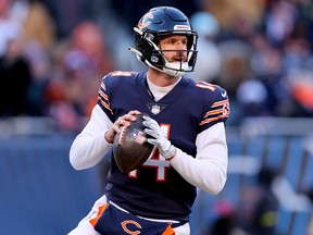 Nathan Peterman of the Chicago Bears throws the ball during the second half in the game against the Philadelphia Eagles at Soldier Field.