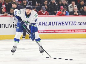 Abbotsford Canucks defenseman Christian Wolanin during the AHL All Star Classic Skills Competition on Feb. 5, 2023, at Place Bell in Laval.