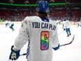 Brock Boeser wearing a Canucks Pride warmup jersey on March 30. The NHL has banned all specialty warmup jerseys for the 2023-24 season.