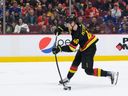 Elias Pettersson of the Vancouver Canucks takes a shot to score a goal against the Calgary Flames during the first period of their NHL game at Rogers Arena on April 8, 2023 in Vancouver. Pettersson is named team's MVP.