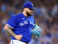 Alek Manoah #6 of the Toronto Blue Jays celebrates at the end of the second inning against the Seattle Mariners at Rogers Centre on April 28, 2023 in Toronto, Ontario, Canada.