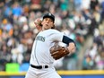 Logan Gilbert #36 of the Seattle Mariners pitches during the first inning against the Cleveland Guardians at T-Mobile Park on April 01, 2023 in Seattle, Washington.