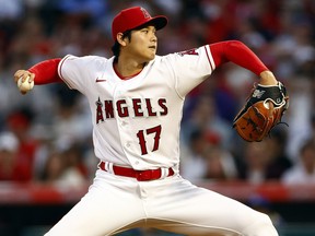 Shohei Ohtani of the Los Angeles Angels throws against the Kansas City Royals in the fourth inning at Angel Stadium of Anaheim on April 21, 2023 in Anaheim, California.