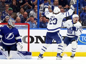 Home-ice advantage? What’s that? The Toronto Maple Leafs, behind Monday’s overtime goal by Alex Kerfoot (right) capped a two wins in three nights run in Tampa, Fla., against the Lightning, taking Games 3 and 4 of their hard-fought series, both in extra time.
