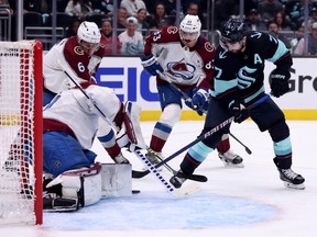 Colorado Avalanche goalie Alexandar Georgiev holds the fort against Seattle Kraken winger Jordan Eberle during Game 6 of their first-round NHL playoff series at Climate Pledge Arena in Seattle on April 28, 2023.