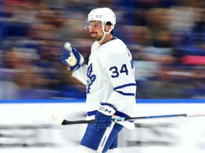 Auston Matthews #34 of the Toronto Maple Leafs celebrates a goal in the second period during Game Six of the First Round of the 2023 Stanley Cup Playoffs against the Tampa Bay Lightning at Amalie Arena on April 29, 2023 in Tampa, Florida.