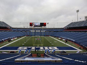 The field is prepared at Highmark Stadium before an NFL football game between the Buffalo Bills and the Carolina Panthers, Dec. 19, 2021, in Orchard Park, N.Y.