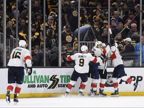 Florida Panthers' Sam Bennett reacts after a goal by defenceman Brandon Montour to tie the game during the third period in Game 7 of the first round of the 2023 Stanley Cup Playoffs against the Boston Bruins at TD Garden.