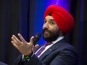 Navdeep Bains, former federal innovation, science and industry minister, speaks during a conference in Toronto, March 6, 2023.