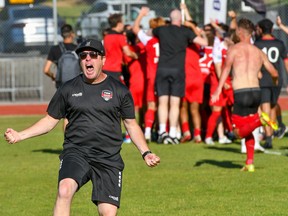 TSS Rovers coach Will Cromack celebrates after his team beat Varsity FC in the inaugural League1BC championship game last year.